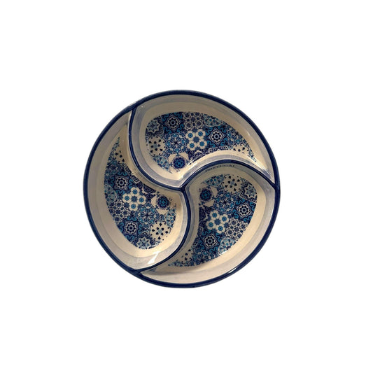 Portugal Azulejo Hand Painted Pottery 3 Part Divided Appetizer Plate Tray for Olives Sauces Salad - 6.2 Inch or 16cm