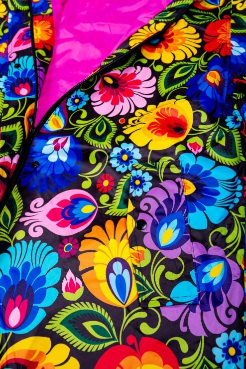 Floral Raincoat with Hoodie, Waterproof, Windproof, Snow Proof, Packed in Bag with Poland Folk Designs