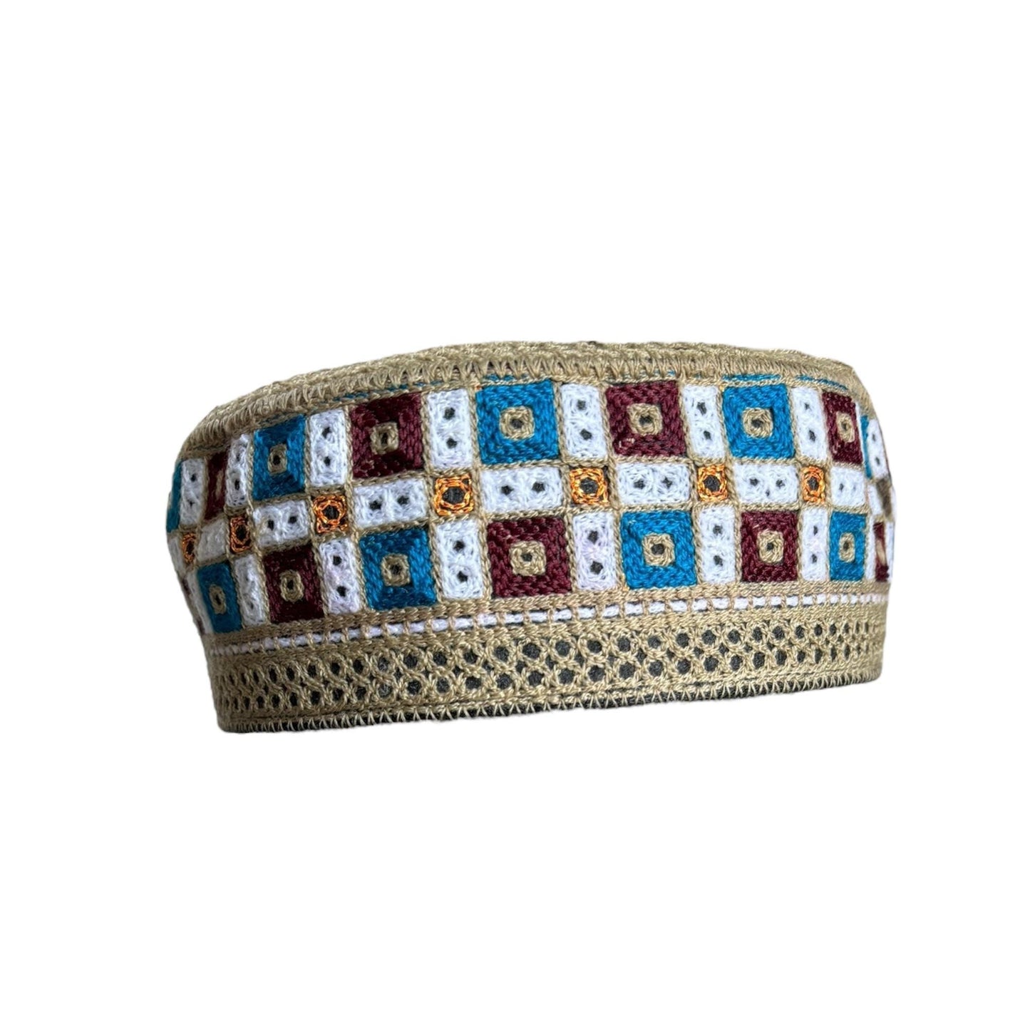 Kufi Sufi Artist Sindhi Balochi Topi - Trendy Traditional Vibrant Colorful Topi - Handmade Embroidery Round Hat (Size 55cm)