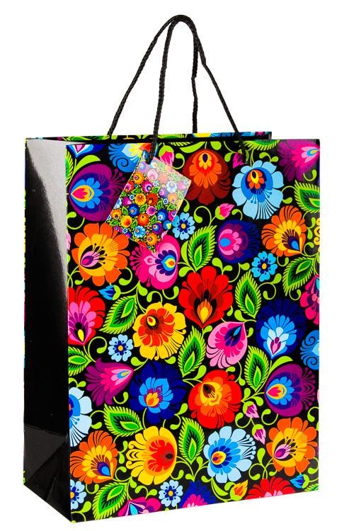 Paper Gift Bags with Small Greeting Card with Polish Folk Art Designs , Shopping Bags for Parties, Memorable Tourist Gift