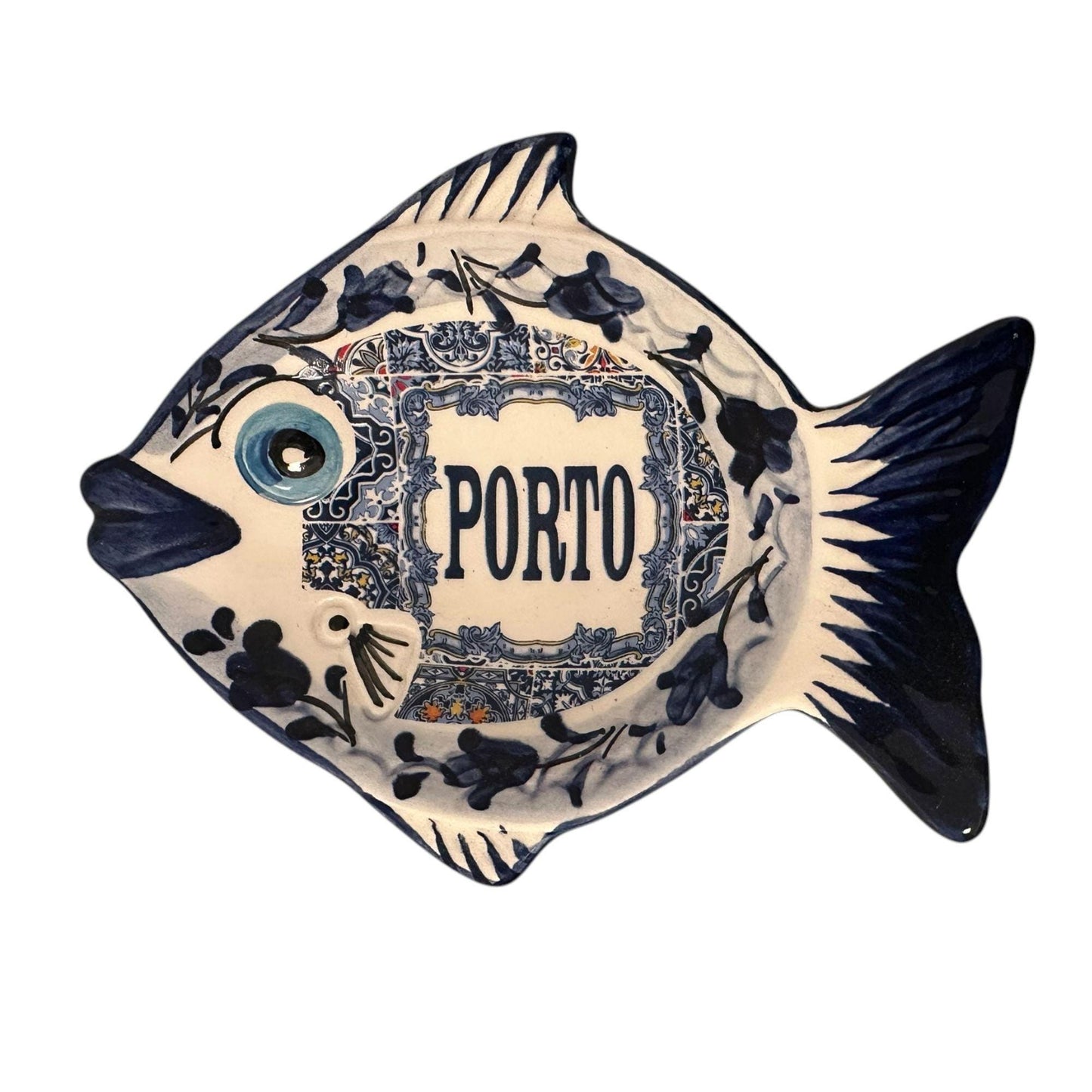 Portugal Hand Painted Azulejos Gold Fish Tray Wall Hanging Decoration - Portugese Pottery Tray for Appetizers Humus Olives Sauces