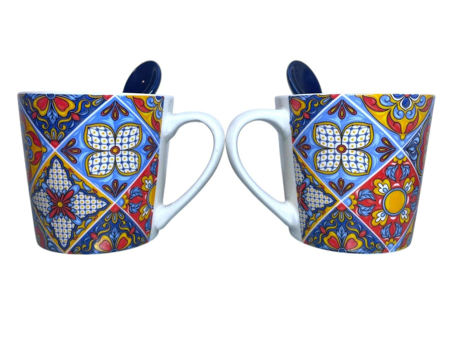 Portugal Azulejos Hand Painted Espresso Set of 2 Big Cups with Spoons in Gift Box Portugese Pottery Beautiful Gift from Portugal