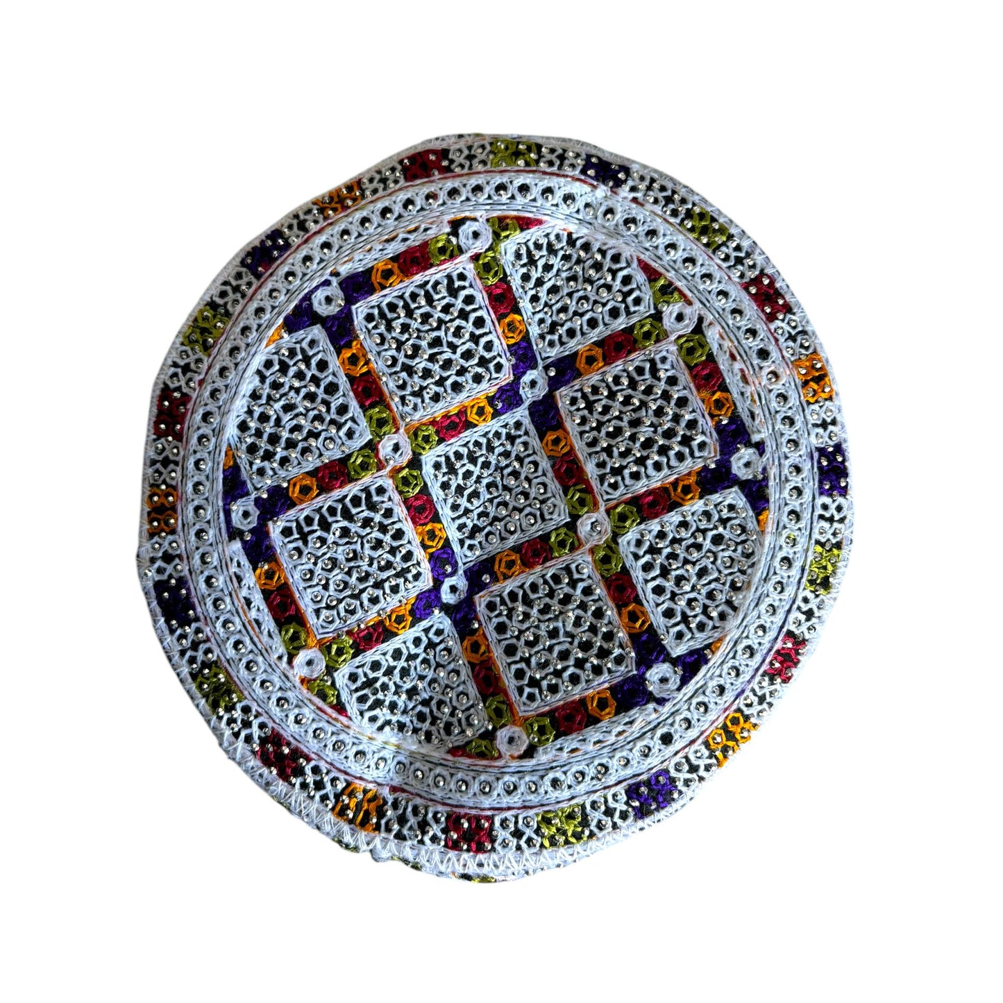 Sindhi Kufi Sufi Artist Topi - Trendy Vibrant Hat - Handmade Embroidery Front Cut Cap - Square with Sequence Work - (55 to 57 cm)