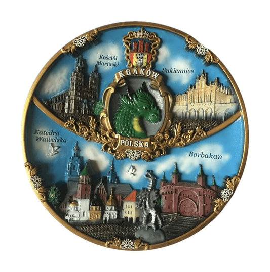 Krakow Ceramic Decorative Plate with Stand, Vintage Style, Home Office Wall Decoration, Souvenir & Gift from Poland (20cm)