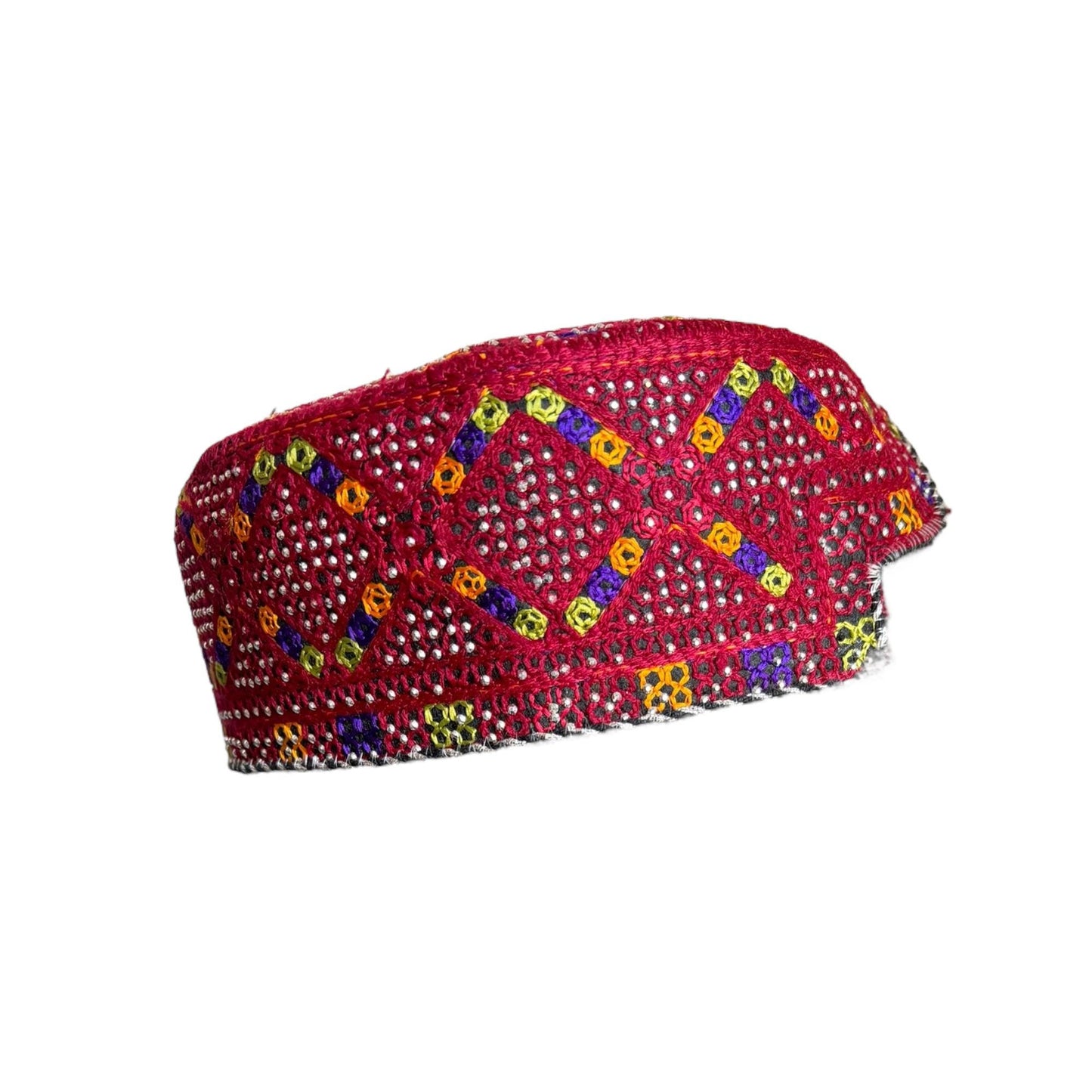 Sindhi Kufi Sufi Artist Topi - Trendy Vibrant Hat - Handmade Embroidery Front Cut Cap - Square with Sequence Work - (55 to 57 cm)