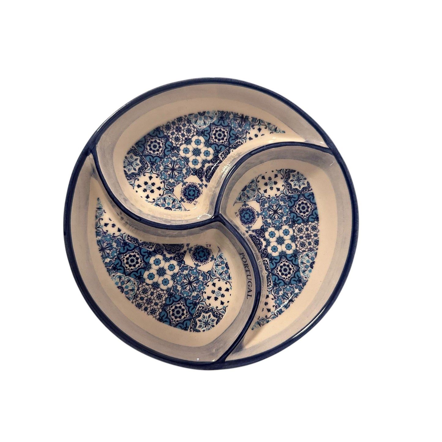 Portugal Azulejo Hand Painted Pottery 3 Part Divided Appetizer Plate Tray for Olives Sauces Salad - 6.2 Inch or 16cm