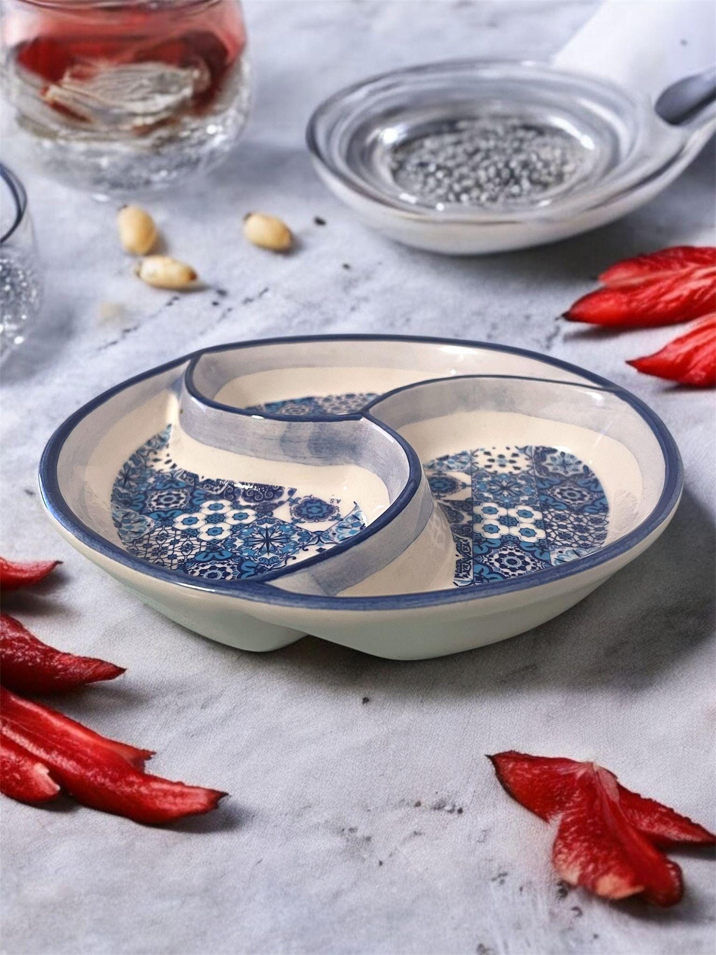Portugal Azulejo Hand Painted Pottery 3 Part Divided Appetizer Plate Tray for Olives Sauces Salad - 6.2 Inch or 16cm