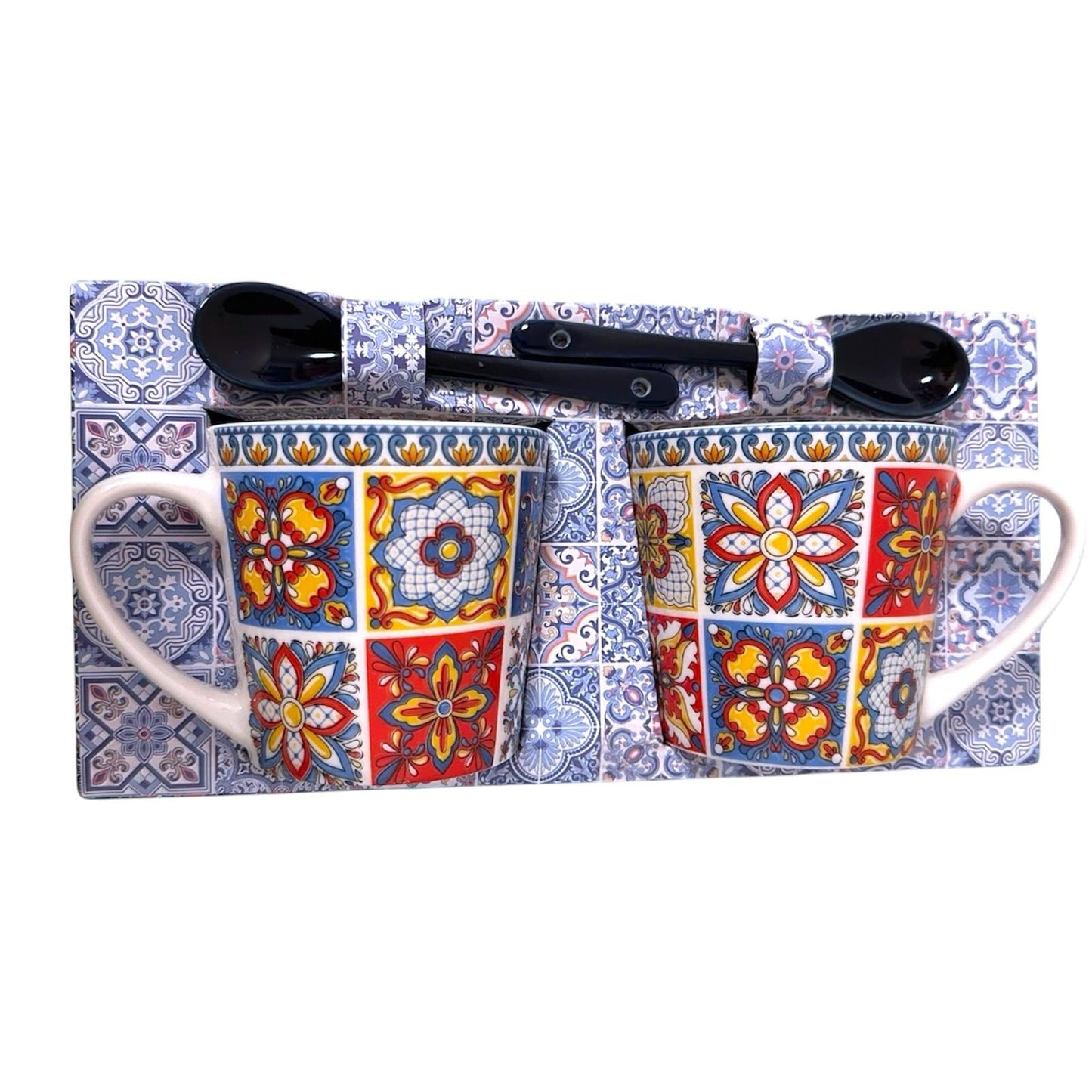 Portugal Azulejos Hand Painted Espresso Set of 2 Big Cups with Spoons in Gift Box Portugese Pottery Beautiful Gift from Portugal