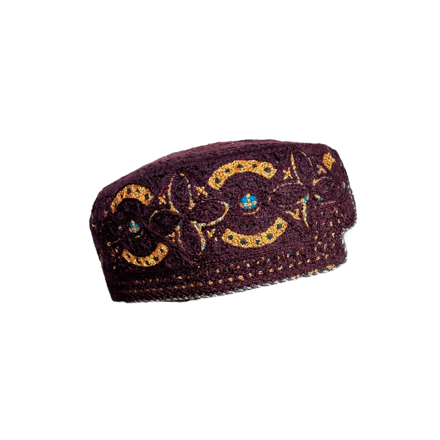 Sindhi Kufi Sufi Artist Topi - Trendy Unisex Hat - Handmade Embroidery Front Cut Cap - Golden Arch Pattern - (55 to 58 cm)