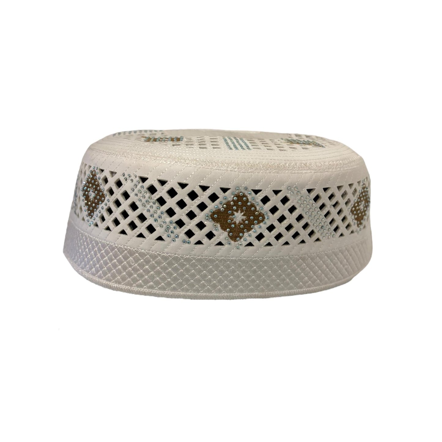 Designer Kufi Sufi Artist Hat - Trendy Unisex Cap - Machine Stitched Round Hat with Crystals Breathable Holes (Size 56-58 cm)
