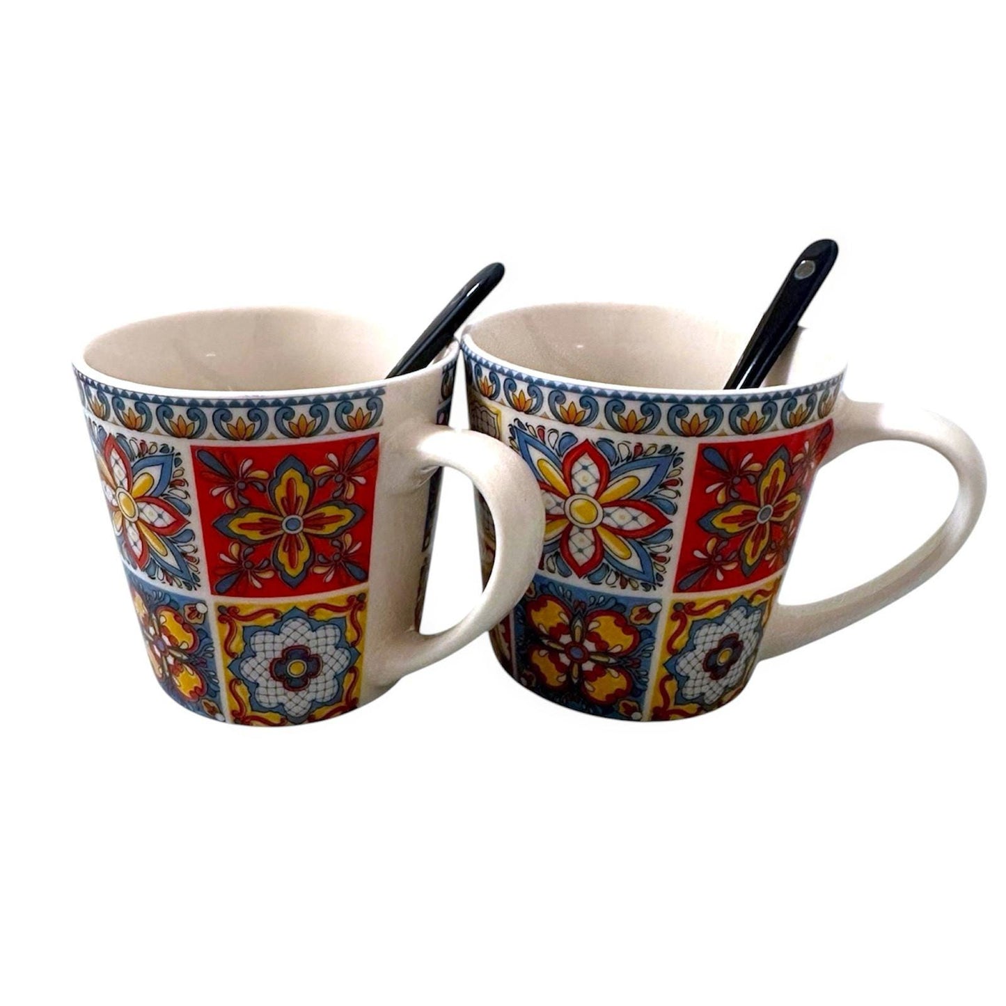Portugal Azulejos Hand Painted Espresso Set of 2 Big Cups with Spoons in Gift Box Portugese Pottery Beautiful Gift from Portugal