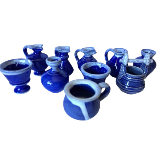 Ancient Portugese Blue Miniature Mini Pottery Set of 10 pcs with 2 Mini Trays for Home, Cafe or Restaurant Wall or Cabinet Decoration Only