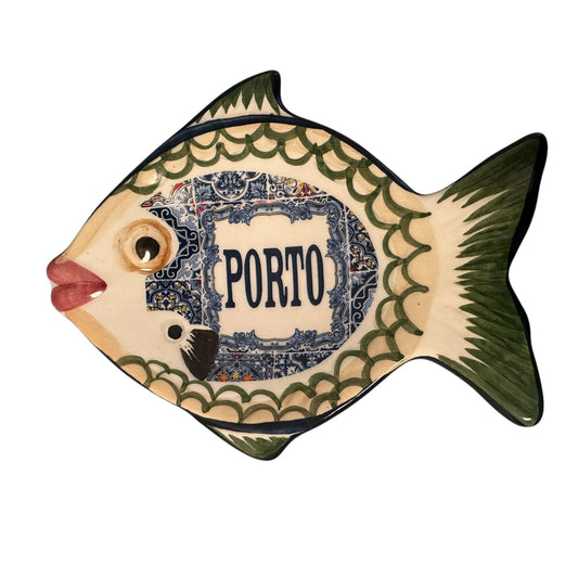Portugal Hand Painted Azulejos Gold Fish Tray Wall Hanging Decoration - Portugese Pottery Tray for Appetizers Humus Olives Sauces