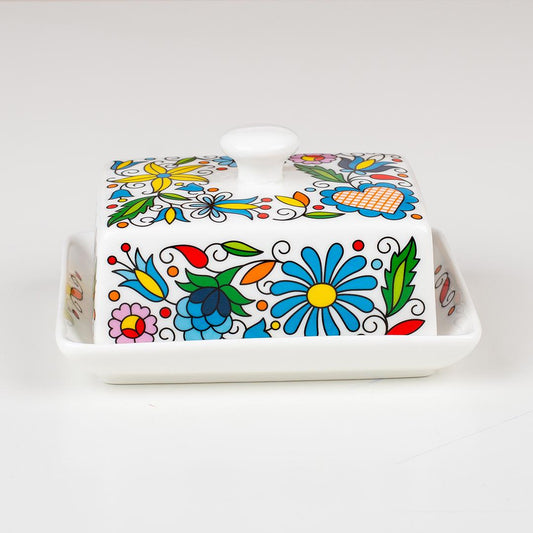 Polish Floral Porcelain Butter Dish: Folk Art Kitchen Decor from Poland