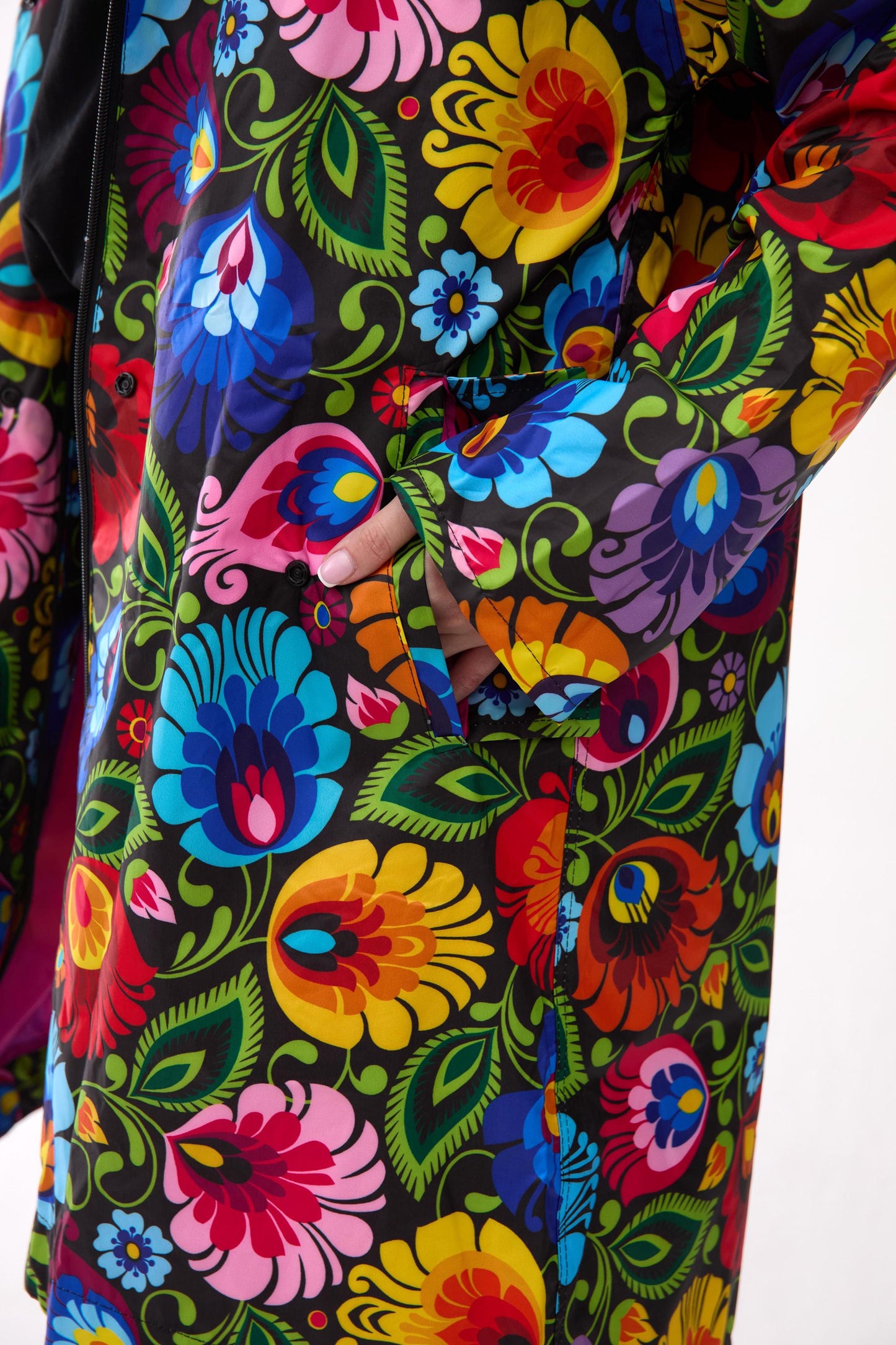 Floral Raincoat with Hoodie, Waterproof, Windproof, Snow Proof, Packed in Bag with Poland Folk Designs