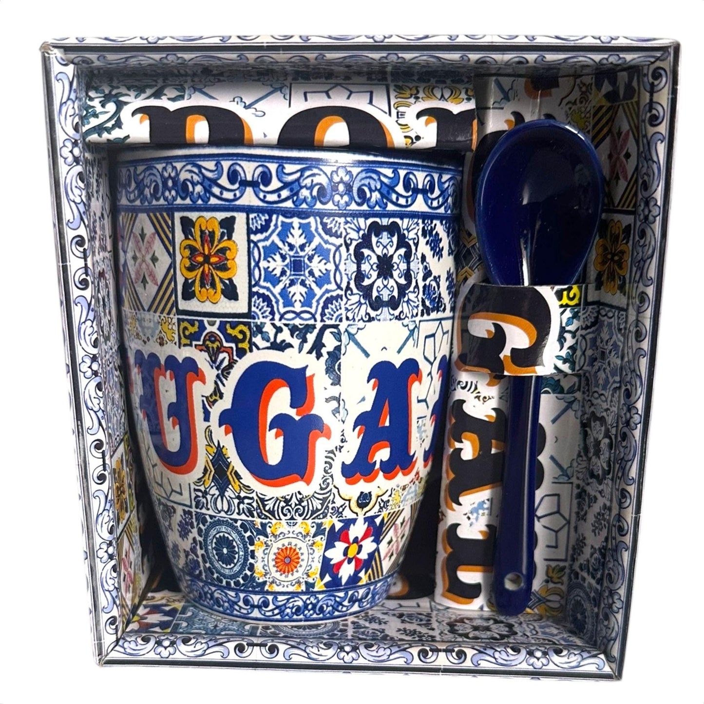 Portugal Azulejo Cup Tea Mug with Spoon in Colorful Azulejo Cardboard Packing - Beautiful Gift from Portugal