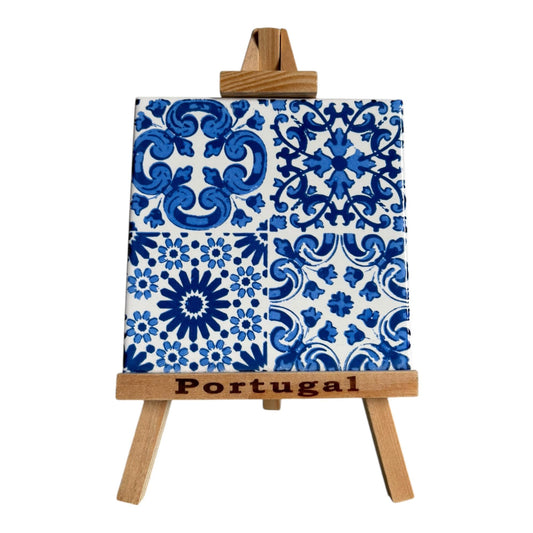 Portugal Ceramic Azulejo Tiles With Wooden Stand