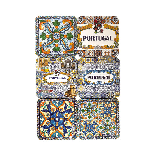 Wooden Coffee Tea Coaster with Cute Stand - Beautiful Azulejo Designs & Monuments of Porto Portugal - Souvenir Gift from Portugal (Set of 6)