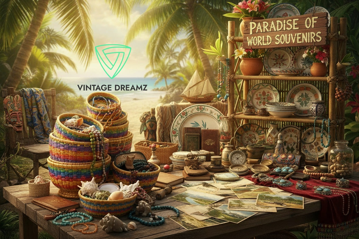 VintageDreamz display with world souvenirs in a tropical setting